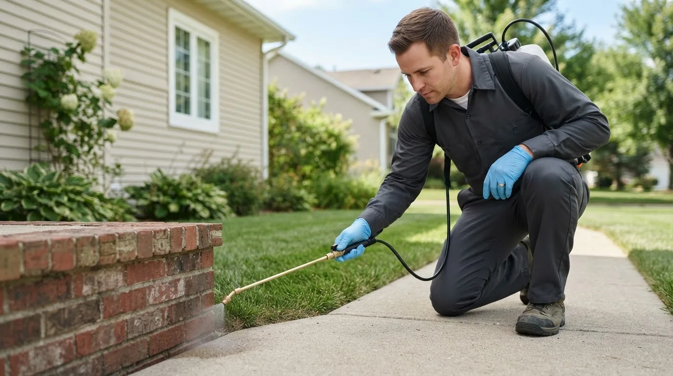 Pest control technician treating a home near Wampsville, NY