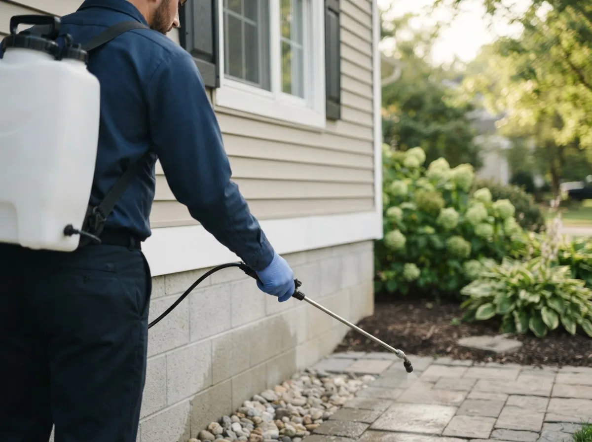 Pest control technician inspecting a home in Wampsville, NY
